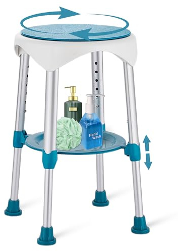 DUTYWORKS Shower Chair with Storage Tray, Height Adjustable Swivel Shower Stool for Seniors and Adults, 360° Swivel Shower Chair for Bathroom and Inside Shower (Green)