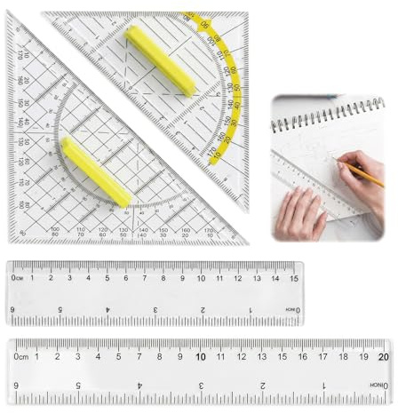 Ruvan 2 x Squadra con manico (16 cm e 22 cm), 2 x righelli (15 cm e 20 cm), righello ergonomico e squadra, goniometro a manico fisso, per studenti, ufficio, designer, pittura