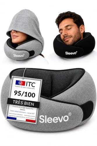 Sleevo Pro Nackenkissen mit Kapuze & Memory Foam – Ergonomisches Reisekissen für Flugzeug, Zug & Auto – Nackenhörnchen mit Sichtschutz, Waschbar inkl. Tasche – Grau (M)