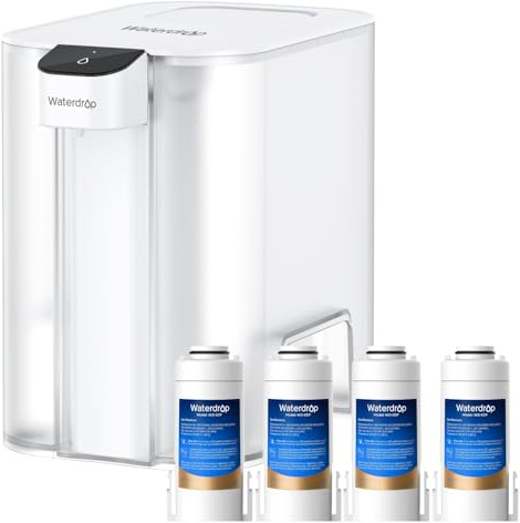 Waterdrop Mega Instant Electric Water Filter Jug with 4 Filters, 6L Countertop Water Filter System, Reduces Chlorine, Lead, Mercury, Reduce PFAS, PFOA/PFOS, 757 Litres, White (1 Filter Included)