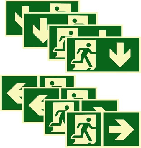 8 señales de salida de emergencia, autoadhesivas, de PVC, señales de salida de emergencia (300 x 150 mm) para Uso Exterior e Interior en Hogares, Oficinas, Empresas y Edificios Industriales