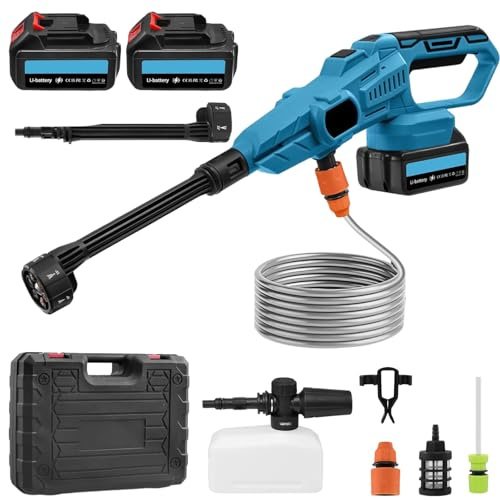 Idropulitrice portatile a batteria, con 2 batterie, ugello, tubo da 5 m, kit idropulitrice portatile da 120 bar, 3 velocità, per irrigazione del giardino del pavimento dell'auto