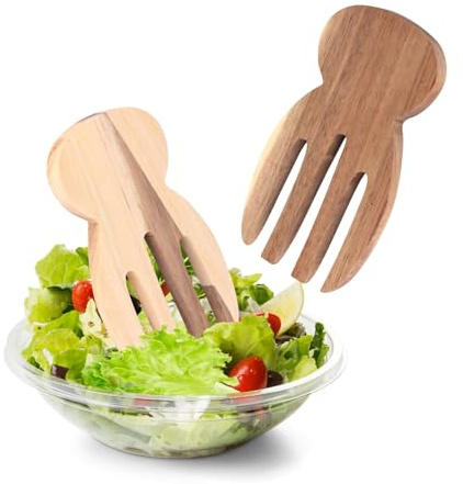 Thatyro Set of 2 Wooden Salad Hands, 7 Inch Acacia Wood Salad Tongs, Wooden Server Utensils for Tossing Serving Pasta Fruit Kitchen Accessory