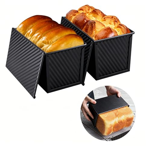 Inodiref 2 Piezas Moldes Para Pan Con Tapa Masa de 900g, Antiadherente Molde Para Pan De Molde Con Tapa, Molde Pan De Molde Acero Al Carbono Corrugado Para Hornear Tostadas, Pan, Pasteles y Sándwiches