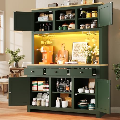 Xwiny Küchenschrank mit LED-Beleuchtung mit Vintage Stauraumschrank, Hochschrank mit Schubladen und Stauraumschränke, Buffetschrank mit Buffetschrank und Kippschutz, Antikgrün-B, 120x40x180 cm