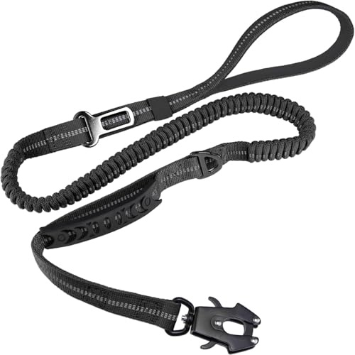 AinuScinsYoe - Correa elástica táctica para perro, resistente, con costuras reflectantes, 2 asas, clip para cinturón de seguridad, absorción de golpes para un control potente, protección segura