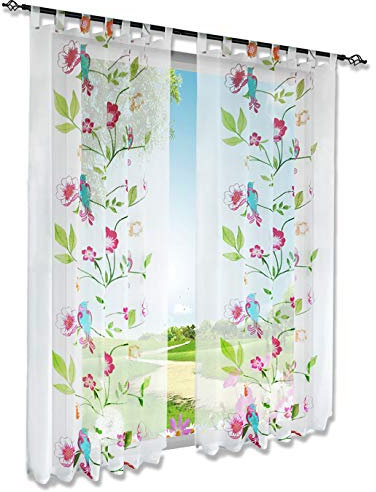BAILEY JO 1er-Pack Gardinen mit Frisch Vögel und Blumen Design Vorhang Transparent Voile Vorhänge