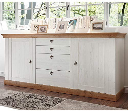 Lomadox Sideboard Anrichte im Landhaus Design, Pinie weiß und Wotan Eiche Nb., B/H/T ca.: 210/91/52 cm