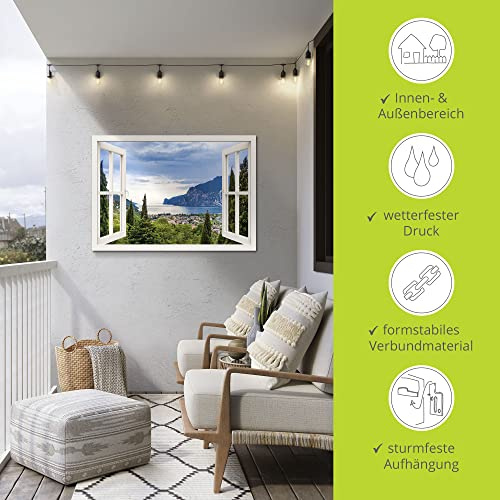 ARTland Wanddeko Wandbild Alu Verbundplatte für Innen & Outdoor Bild 130x90 cm Querformat Fensterblick Gardasee Landschaft See Natur Berge Italien U1TV