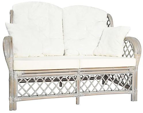 vidaXL Sofa 2-Sitzer Zweisitzer Rattansofa Lounge Sessel Sitzmöbel Rattanmöbel Wohnzimmersofa Loungesofa Designsofa Couch Grau Rattan Leinen