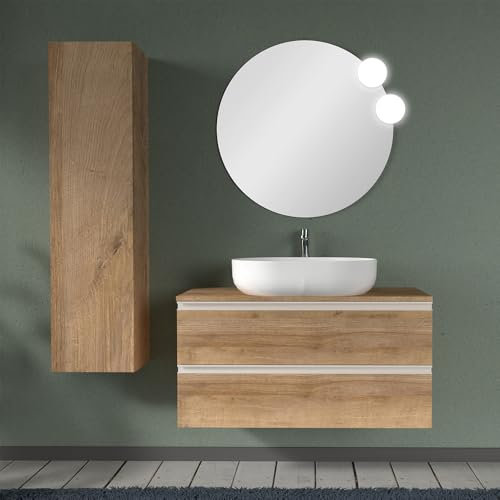 Inbagno Mobile bagno sospeso 100 cm per lavabo da appoggio, serie Master 2 cassetti, completo di top e specchio (Rovere Miele)