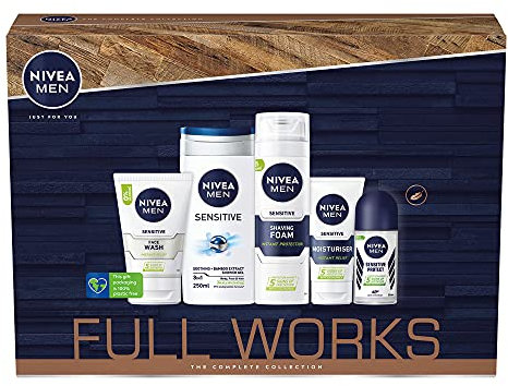 NIVEA MEN The Full Works Coffret cadeau (5 pièces) Sensitive Skin Men contient un déodorant en spray pleine taille, un nettoyant pour le visage, un baume après-rasage, une crème hydratante pour homme