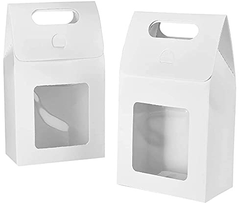 Qanye - Geschenktüten aus weißem Papier mit Griffen und transparentem Fenster, 5,8 x 9,8 x 15 cm, 25 Stück
