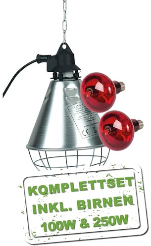MeineHennen Wärmelampen Set für Geflügelküken, Infrarot-Rotlicht Wärmelampe mit 100 W und 250 W, Produktart Tier-Wärmelampe, für Hühner, Schutzkorb mit Keramikfassung E27, IPX4, Schalter 50/100%