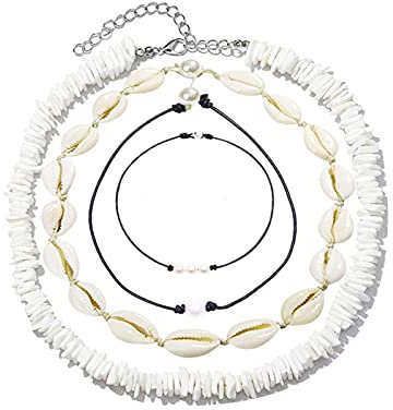 GiantGo Muschelkette für Damen, Perlen-Halskette, verstellbar, Muschelkette, Armband, Strand, Boho-Schmuckset für Mädchen, 4-teilig