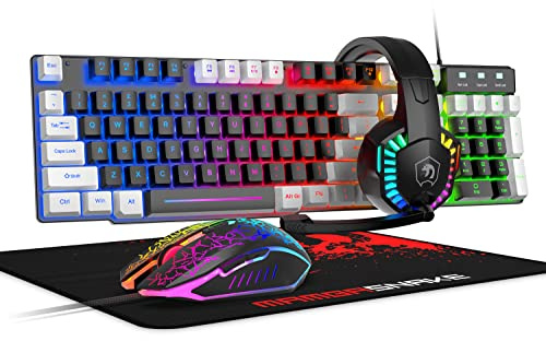 Clavier et souris rétroéclairés à LED arc-en-ciel filaire avec micro, souris de jeu et pad pour PC, Xbox et PS4 (noir/blanc)