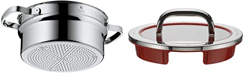 WMF Function 4 Gemüse-/ Kartoffeldämpfer 20 cm, Dampfgarer Einsatz für Topf & Function 4 Topfdeckel 16 cm, Glasdeckel mit 4 Abgießfunktionen, Glas, Silikon, Cromargan Edelstahl poliert, rot