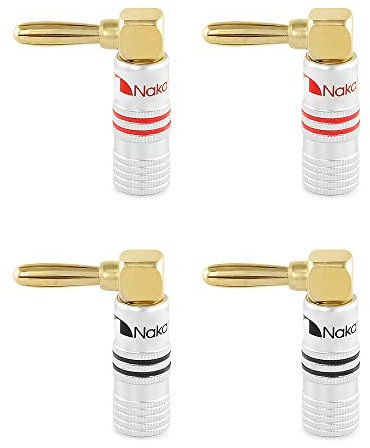 Nakamichi 24K vergoldeter Bananenstecker 12 AWG - 18 AWG Gauge Größe 4mm für Lautsprecher Verstärker Hi-Fi AV Receiver Stereo Heimkino Audiokabel Stecker Rechtwinkliger Stecker, 4 Stück (2-Paar)
