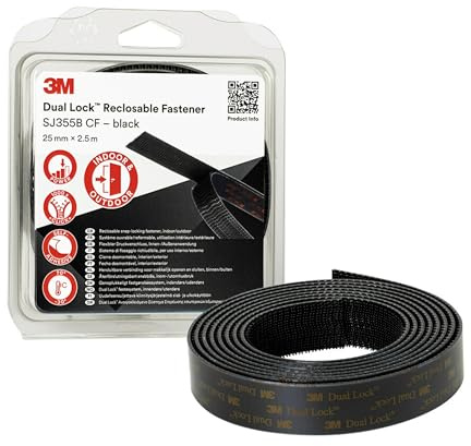 3M Dual Lock Återförslutningsbara fästelement SJ355B CF, tryckkänsligt lim, inomhus- och utomhusbruk, 25 mm x 2.5 m, svart