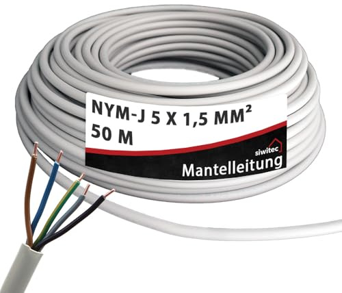 siwitec NYM-Kabel, NYM-J 5x1,5 mm², 50 m, Stromkabel, Mantelleitung, Installationskabel, Kabelring