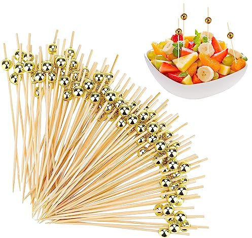 ZIOYA 300 Stück Cocktailspieße Spieße Fingerfood mit Gold Acrylperle Cocktail Spieße Holz Obst-Spieß für Cocktail Deko Candy und Antipasti Fasching Geburtstag Party