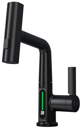 für 360° Drehbarer Wasserhahn, Ausziehbarer Wasserhahn, Badezimmer-Waschtischarmatur mit LED-Digitalanzeige, Anhebbar Wasserfall-Küchenarmatur, Multifunktionale Kalt-/Warmwasser-Waschtischarmatur,B