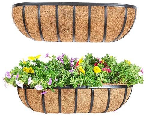 KIDYBELL Blumenkasten mit Kokosauskleidung, 61 cm, Wandmontage, Kokosnuss-Auskleidung, Pflanzkorb, englisches Pferd, Pflanzgefäße für Außenbereich, Terrasse, Terrasse, Schwarz, 2 Stück