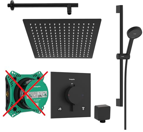 vanvilla Duschsystem Unterputz mit Duscharmatur Hansgrohe schwarz HGS212ob | Duscharmatur von Hansgrohe Ecostat Comfort E Thermostat und vanvilla Regendusche eckig, Duschstange, Dusch-SET schwarz