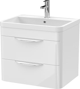 Balterley Vanity Unit with Basin Wall Hung, 2 Drawer Soft Close with Rectangular Sink and Handles, Bathroom Vanity Units with Basin, Bathroom Sink Storage Cabinet - 600 x 445 x 540mm (White)