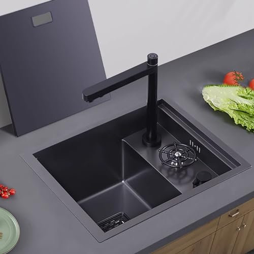 PQXQZ Fregadero Cocina, Fregadero Camper, Lavabo para Lavar a Mano con Grifo y Tapa de Agua Fría y Caliente, Fregadero Pequeño para Exteriores(Size:Black)