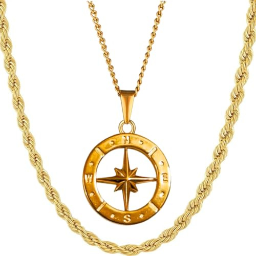 DVRK® Set 2 Goldketten Herren 55 cm mit Basis aus Edelstahl 316L - Kette Gold 18k und Goldkette Herren Kompass Wasser- und Schweißbeständig - Ketten für Männer