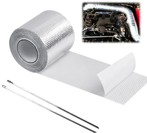 Nastro Isolante Termico, 5m x 5cm Nastro Termico Isolante con 2 Fascette Moto Nastro Benda Isolamento Termico Collettori di Scarico per Collettori di Scarico Moto e Auto, 1 Pezzi, Argento