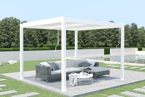 Pérgola bioclimática autoportante Cazeboo Santa 3x3m, Pérgola de Aluminio Blanco, Lamas de Acero orientables, L.305xP.305xH.220 cm