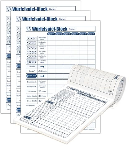 Generisch Blocco per gioco a dadi di alta qualità, 4 pezzi, per 1200 giochi a dadi e dadi (DIN A6), giochi a bagliore, blocco vincente