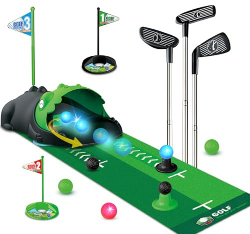 TERRAMUS Upgraded Kids Toy Golf Set with Dinosaur Automatic Golf Returner, Led Light Up Night Golf Balls, 3 Clubs, Putting Mat, 3-8 Toddler Mini Golf Games, Indoor Outdoor Sports Toys for Boys Girls