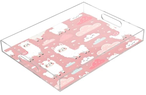 Plateau de service amusant en acrylique avec motif lama et nuages, plateau rectangulaire transparent avec poignées pour table basse, cuisine, salle de bain