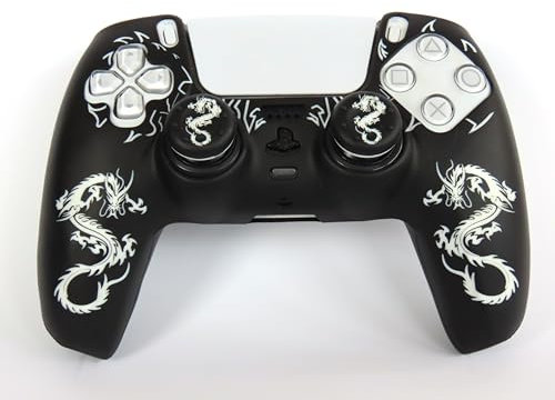 Coque manette PS5 - Imperméable, résistante et antidérapante - Design dragon (blanc) - Protection sûre pour manettes ps5 durables - avec jeu de poignées assorties à la housse pour ps5