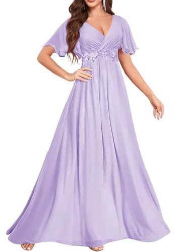 WSEYU Vestido de manga corta para madre de la novia, vestido de novia con apliques de encaje, vestido formal de noche para abuela, Lila, 36