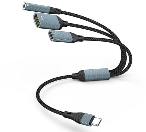 ZYKEJJDDAK Cable adaptador USB tipo C 3 en 1 de 3,5 mm, sonido PD60W, cable de datos OTG de carga rápida para dispositivos