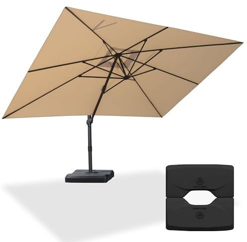 PURPLE LEAF Sonnenschirm Groß 300 x 400 cm mit Ständer Ampelschirm Rechteckig mit Kurbel, XXL Gartenschirm neigbar, 360° Rotation, Bespannung Polyester, für Gärten, Cafés, Terrasse, Beige