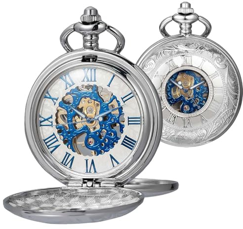 DerMacht Mechanical Roman Numerals Dial Black Silver Skeleton Pocket Watches with Box and Chains for Mens Women