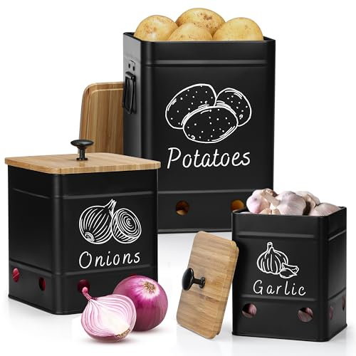 PERFNIQUE Kartoffel Aufbewahrungsbox 3er Set, Zwiebel Knoblauch Aufbewahrung - Zwiebeltopf Kartoffelbox Knoblauchtopf, Hält Gemüse Länger Frisch (Schwarz)
