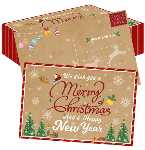 SMARSTICKER Weihnachtspostkarten, 10,2 x 15,2 cm, Vintage, Happy Holiday und Happy New Year Postkarten, festlich, blanko, Frohe Weihnachten, Weihnachtsgrüße, Nachrichten, Dankeskarten, Karten für