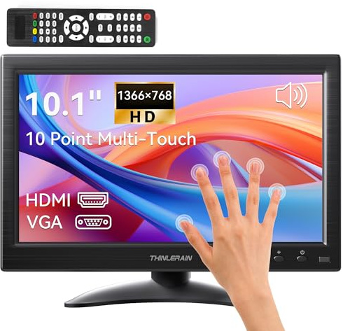 Thinlerain 10.1 Inch PC Monitor 1366x768 Touchscreen 10-Points Touch Display Small Computer Monitor with HDMI VGA AV BNC USB Ports, VESA, Small Touch Display Extender, Built-in Speakers