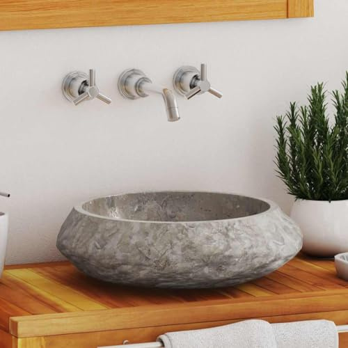 Lavabo da Appoggio Rotondo, Lavandino in Marmo Grigio Naturale, Design Elegante per Bagno Moderno o Rustico, Diametro 40 cm, Altezza 12 cm