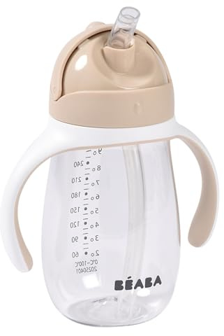 BÉABA, Biberón/Vaso de Aprendizaje 2 en 1, Vaso con Pajita Niño, 100% Estanca, Antigoteo, Fácil de Abrir, Asas Extraíbles, Tritan y Silicona, 300 ml, Arcilla