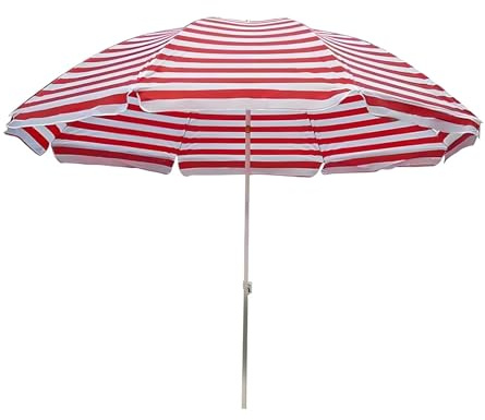 Parasol de plage portable à rayures rouges et blanches - Protection UV - Hauteur réglable - Parasol de jardin (220 cm) - Idéal pour l'extérieur et la détente d'été