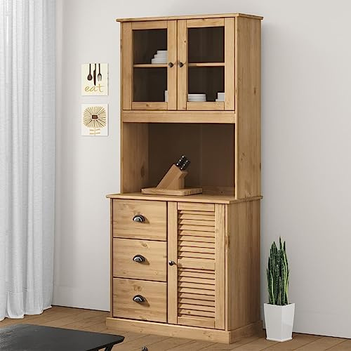 HaoChrymec Dresser Top with Glass Doors, Solid Pine Wood Shelving Unit, 4 Shelves Kitchen Cabinet, Sideboard Storage Cabinet, Hallway Storage Organiser, Drinks Display Cupboard, 78x30x100 cm
