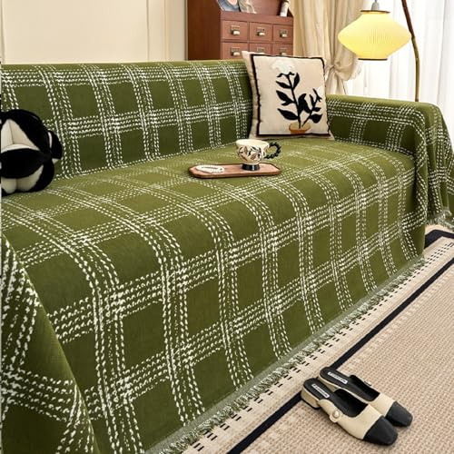 PEIHUODAN Plaid pour Canape Grand 1-4 Places, Léger Et Doux, Réversible Et Décoratif, Motif Carreaux Rayés De Style Simple, pour Lit Futon (Vert,180x340cm)