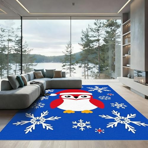 ODIKA Flatwoven High Traffic Area Rug 5x7, Festive Owl Motif with Santa Hat Punch Needle Snowflake Accents, Non Slip, Stain Resistant, Washable Area Rugs for Living Room, Bedroom(Blue, 5x7)